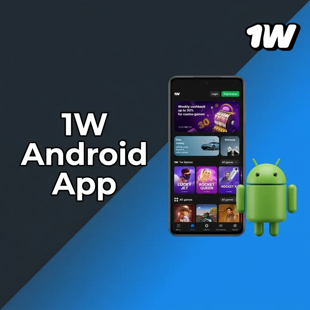 1W Android app interface showing mobile betting and casino games available for free download on Android devices