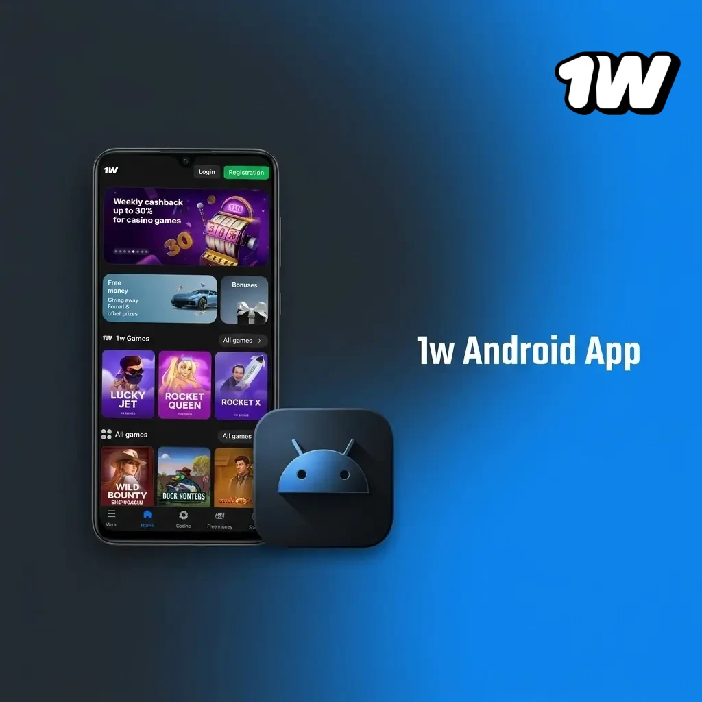 1w Android app interface for mobile betting and casino games, free to download for users in Ireland