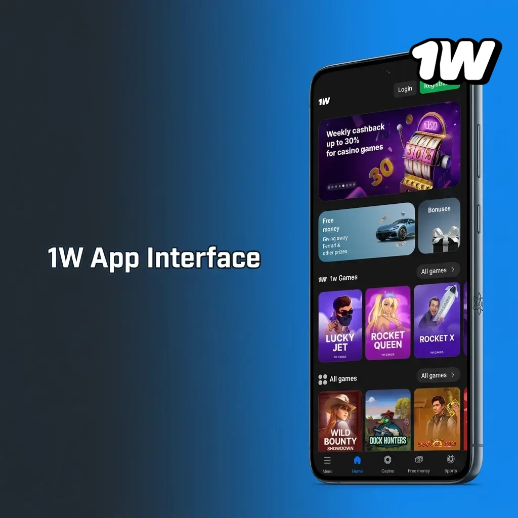 1W mobile app interface showing sports betting, casino games, and account navigation on a single clean screen