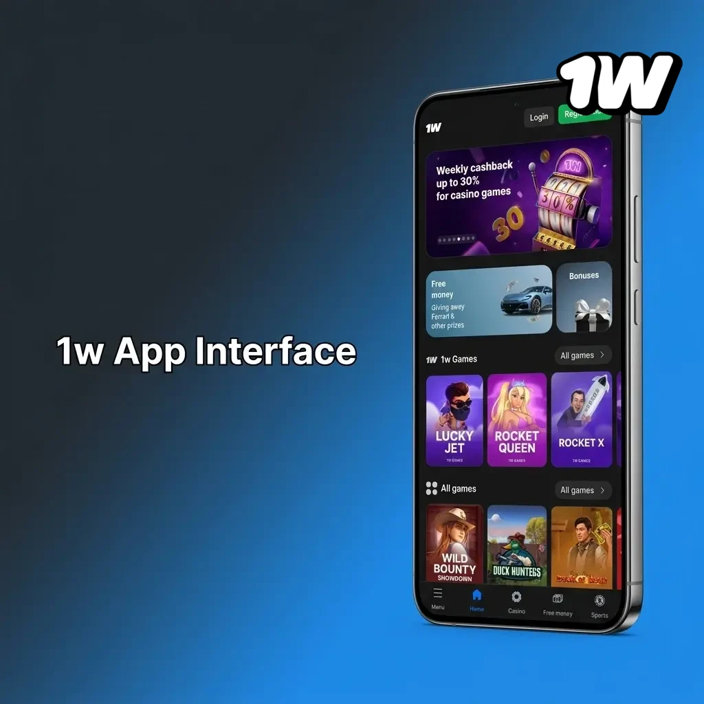 1w app interface showing easy navigation for sports betting, casino, account, and payments on mobile screens