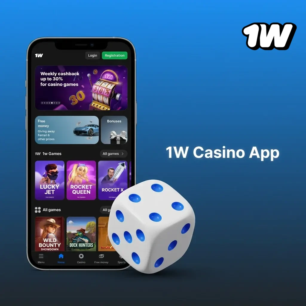 1W Casino app interface showing slots, live dealer games, and promotions from Pragmatic Play, Evolution, and NetEnt