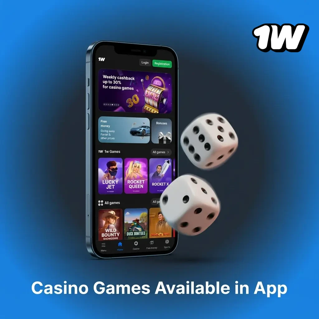 Casino games in 1W app including slots like Book of Dead, Sweet Bonanza and live tables like Crazy Time and Lightning Roulette