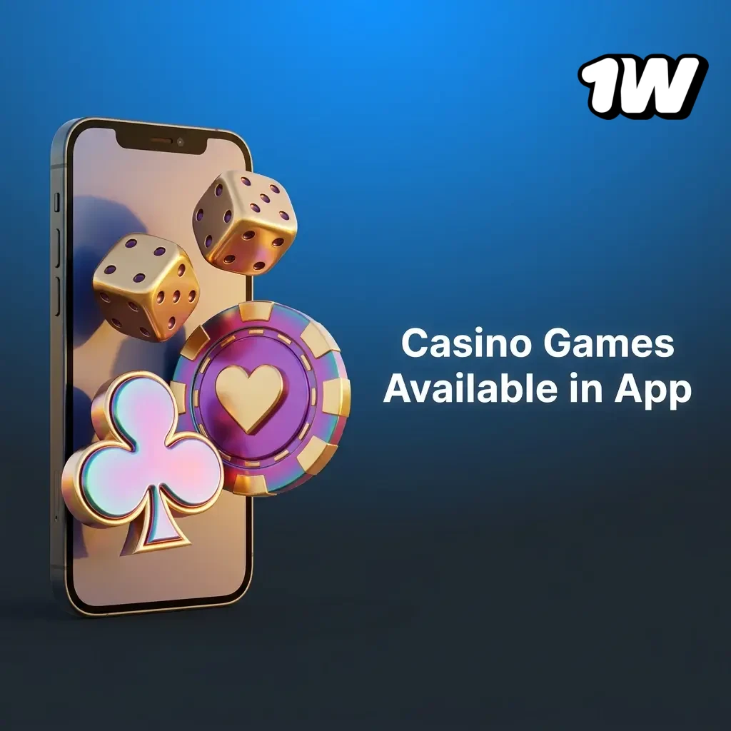 1W casino app game library featuring slots, live dealer tables, crash games and jackpot titles from top providers