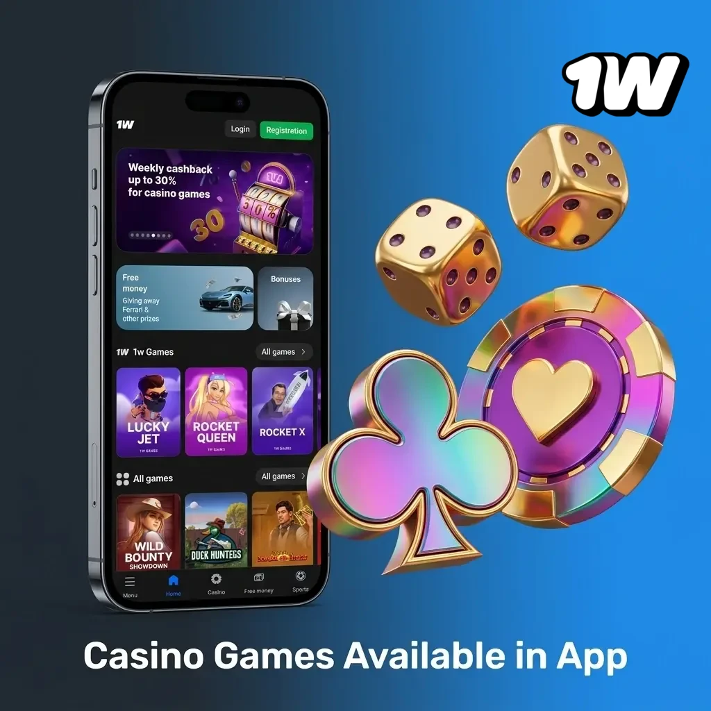 1w app casino games including slots, live blackjack, roulette, baccarat, and game shows from top software providers