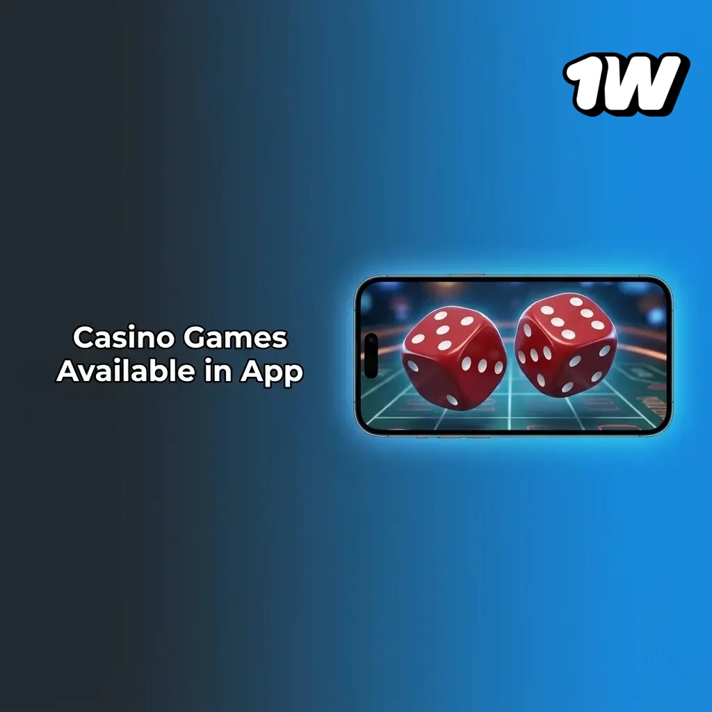 1w casino app displaying slots, live dealer games, crash games and table games from top providers on mobile