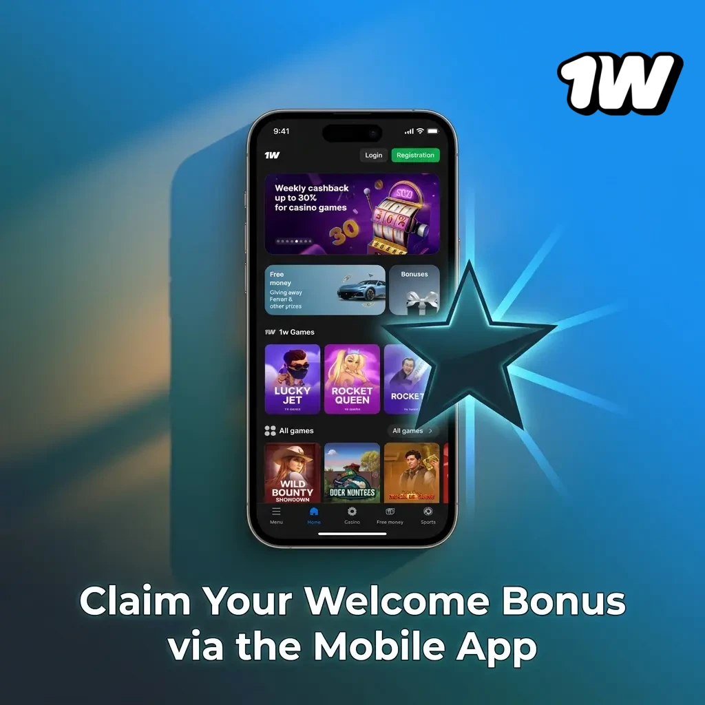 1W mobile app on iOS and Android showing welcome bonus claim steps with registration, promotions, and cashier deposit options