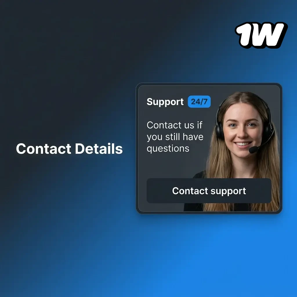 1W Casino contact options including live chat, email support, help centre, and social media for Irish players 24/7