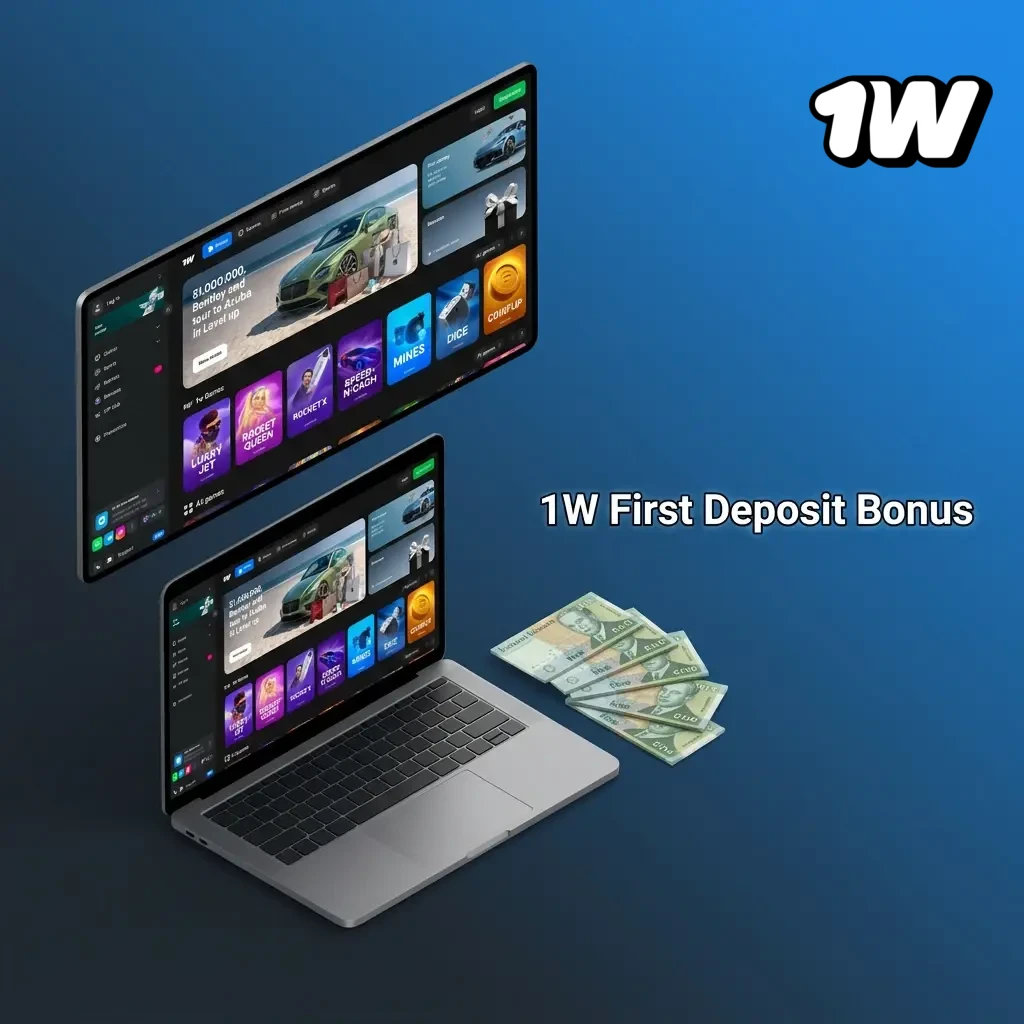 1W first deposit bonus offering up to 500% match for new players in Ireland, applicable to casino and sports betting