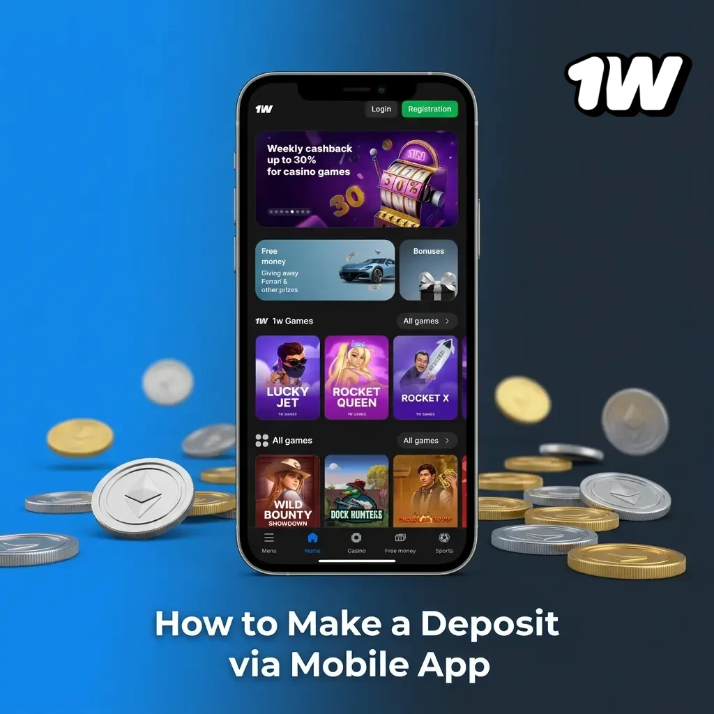 Step-by-step guide to making a deposit via the 1W mobile app using cryptocurrency, starting from €10