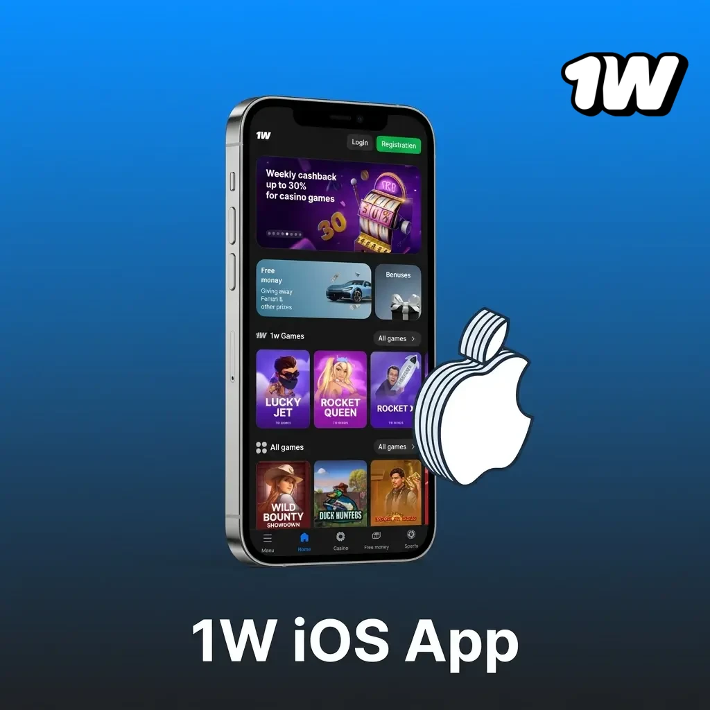 1W iOS app interface on iPhone and iPad showing sports betting, live casino, and crypto payment features