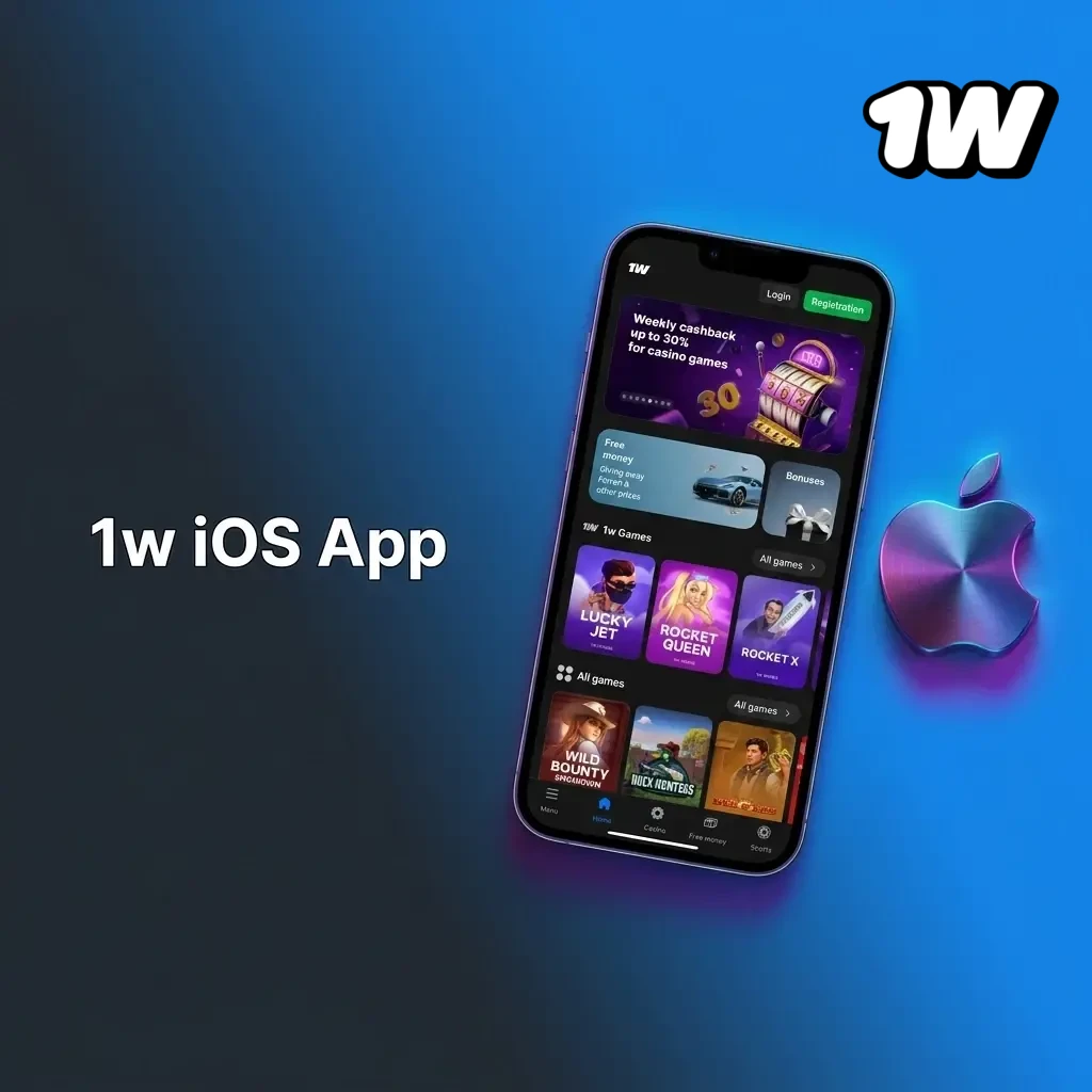 1w iOS app for iPhone and iPad showing sports betting, live casino and crypto deposit features on mobile