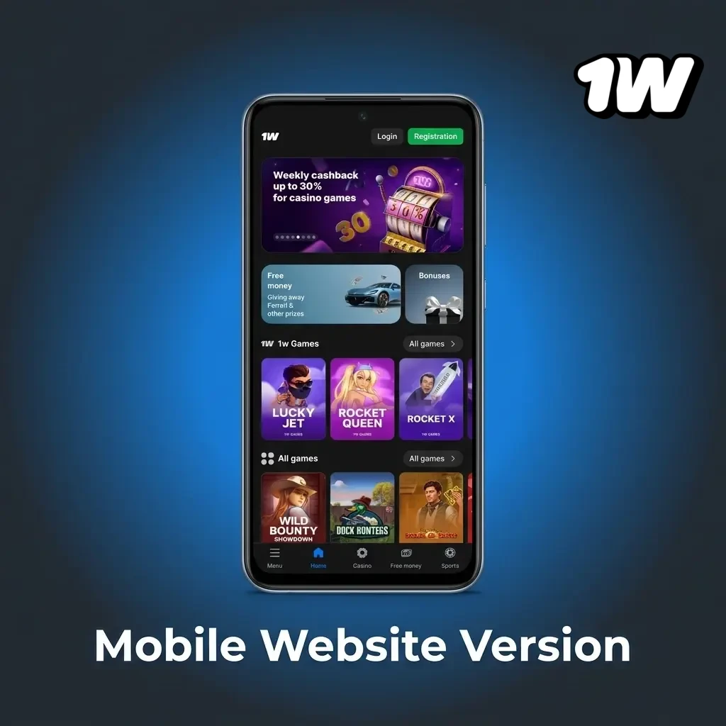 1w mobile website on smartphone browser showing responsive betting platform with sports and casino access for Irish players