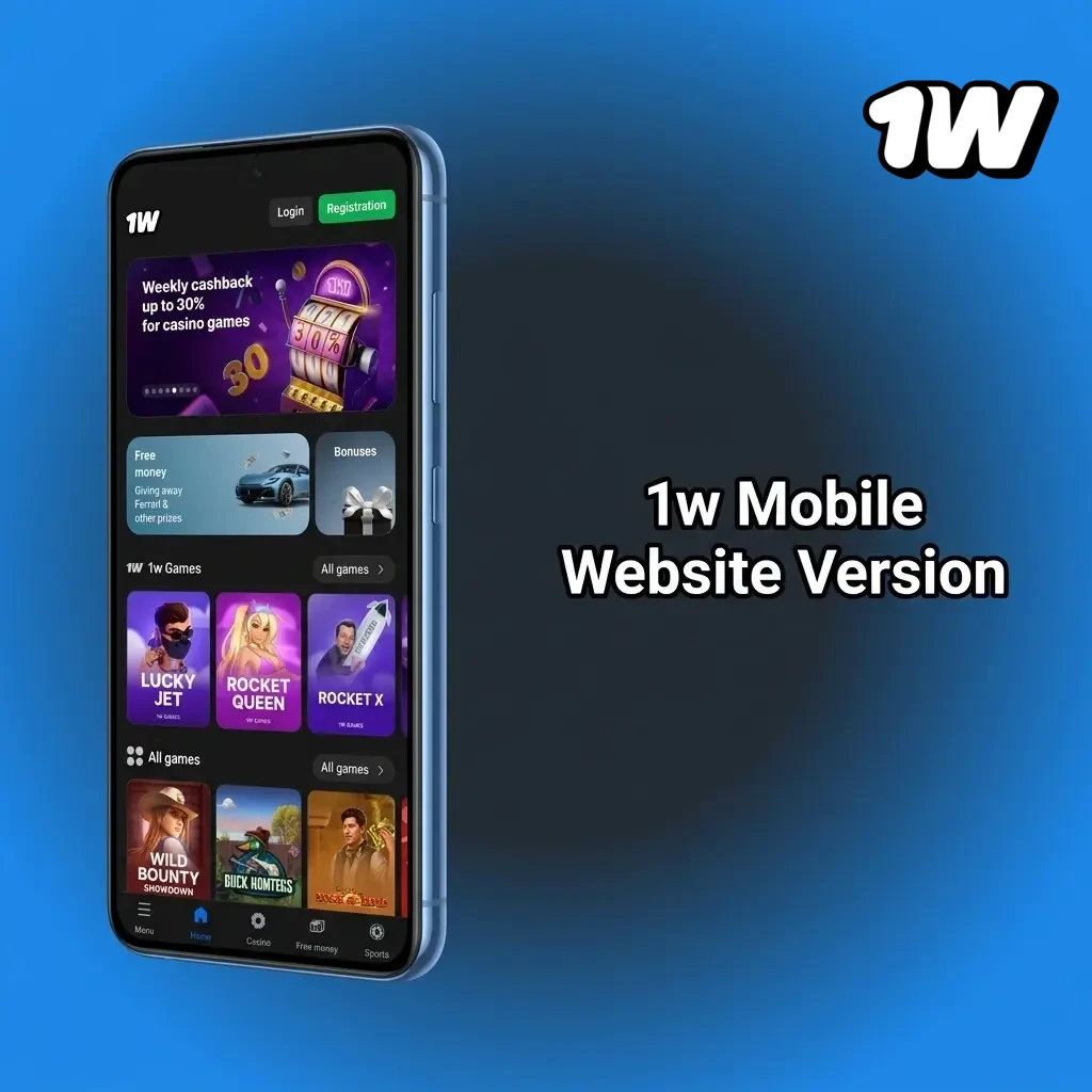 1w mobile website interface displayed on smartphone browser, offering sports betting and casino games without download required