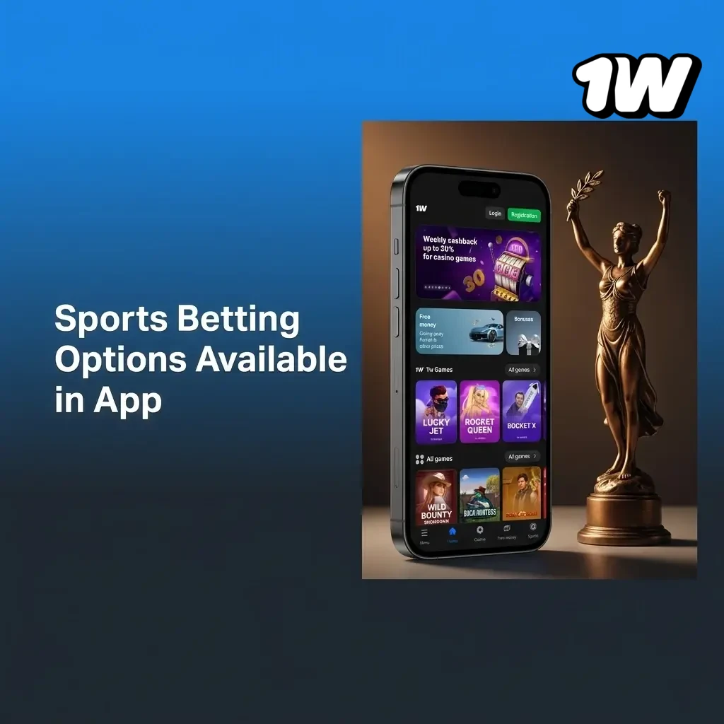 1w sportsbook app displaying betting options for football, tennis, basketball, rugby, esports and more sports markets
