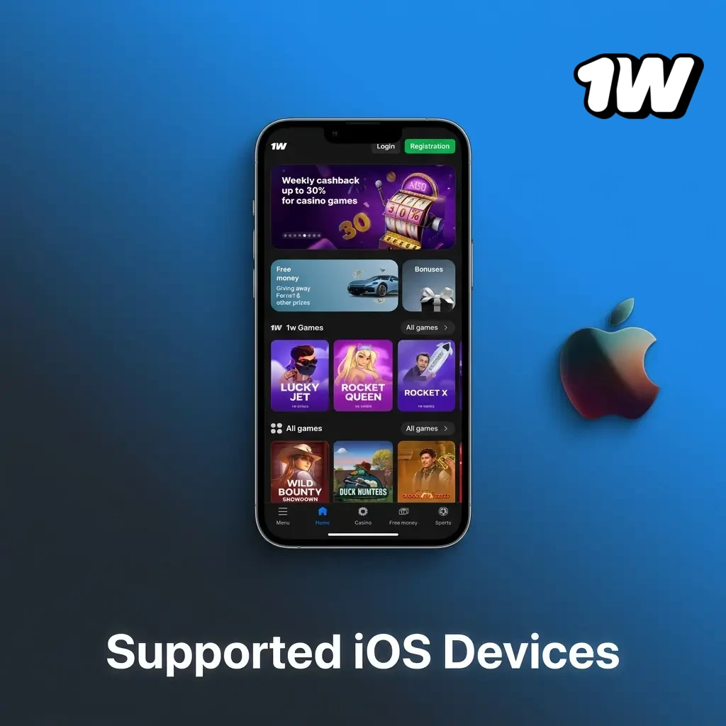 List of supported iOS devices for the 1W app including iPhone 8 to 15, iPad Air, iPad Pro, and iPod Touch 7th gen