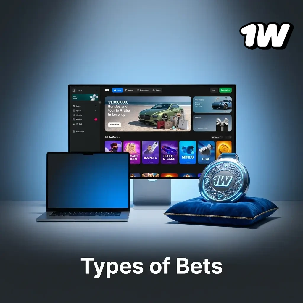 Diagram showing Single, Express Accumulator, and System bet types available on the 1W betting platform