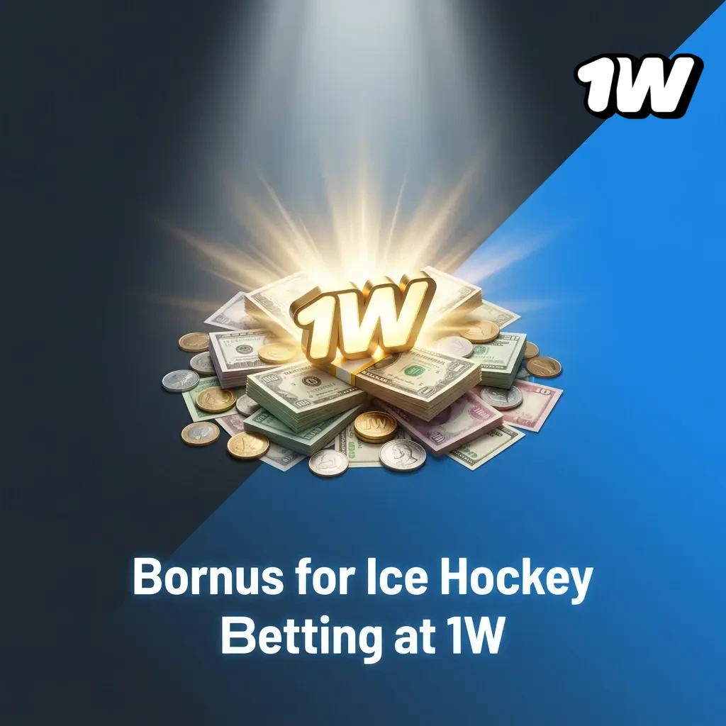 1W welcome bonus for ice hockey betting showing deposit match offer and wagering requirements for new users