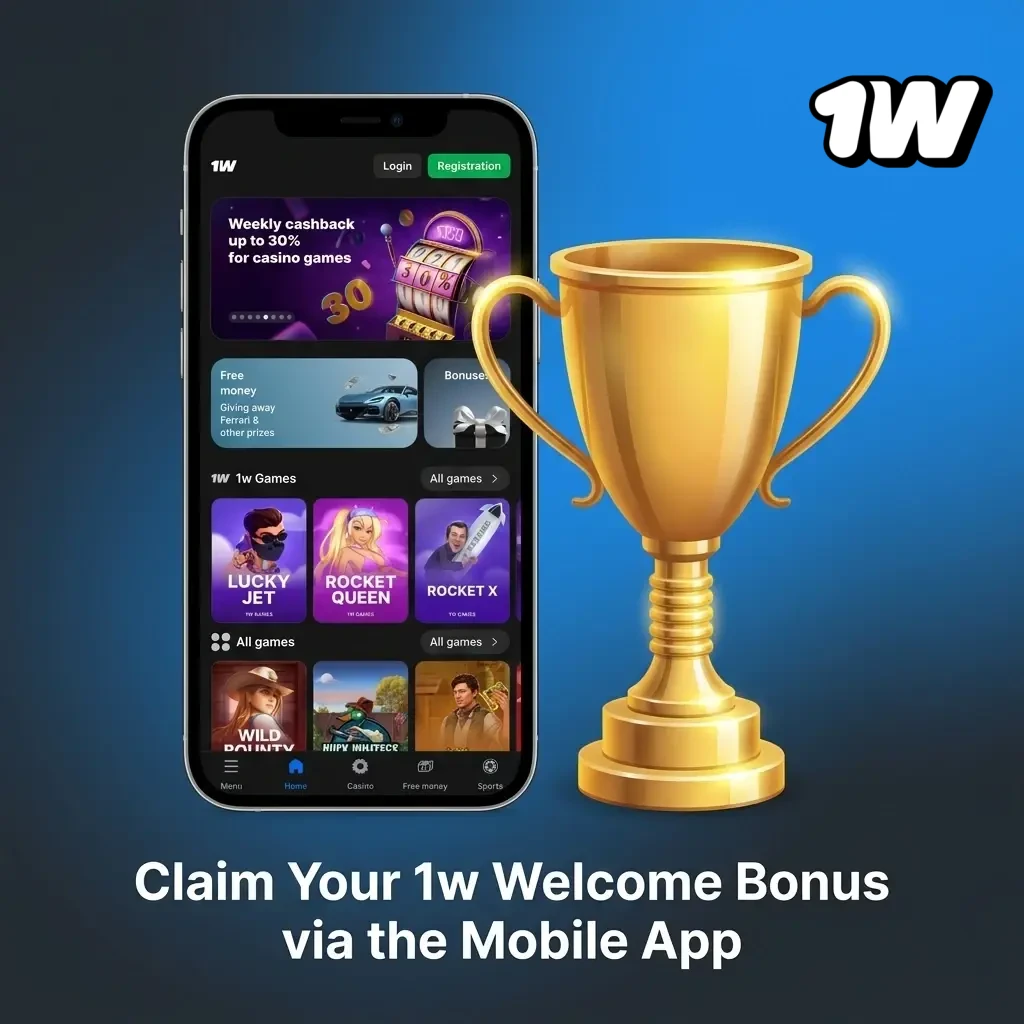 1w mobile app on iOS and Android showing welcome bonus claim process for Irish players with deposit steps