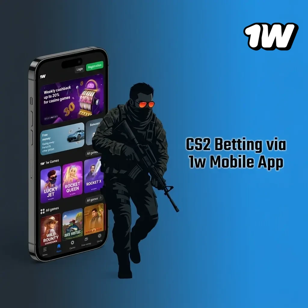 1w mobile app open on CS2 betting market showing eSports section with live match odds on a smartphone screen