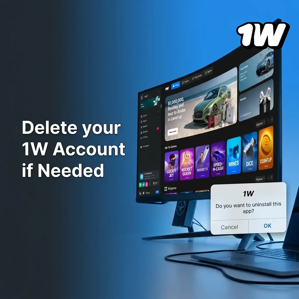 1W account deletion steps showing how to close your gambling account via settings or support contact