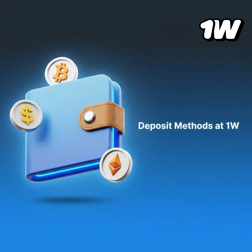 Deposit methods at 1W showing cashier steps including bank cards, e-wallets, and payment options for online account funding