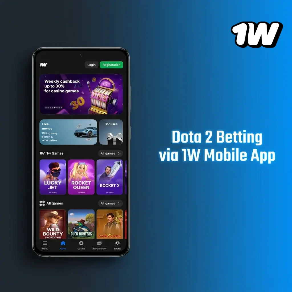 1W mobile app open on Dota 2 betting markets showing live odds and esports section on a smartphone screen