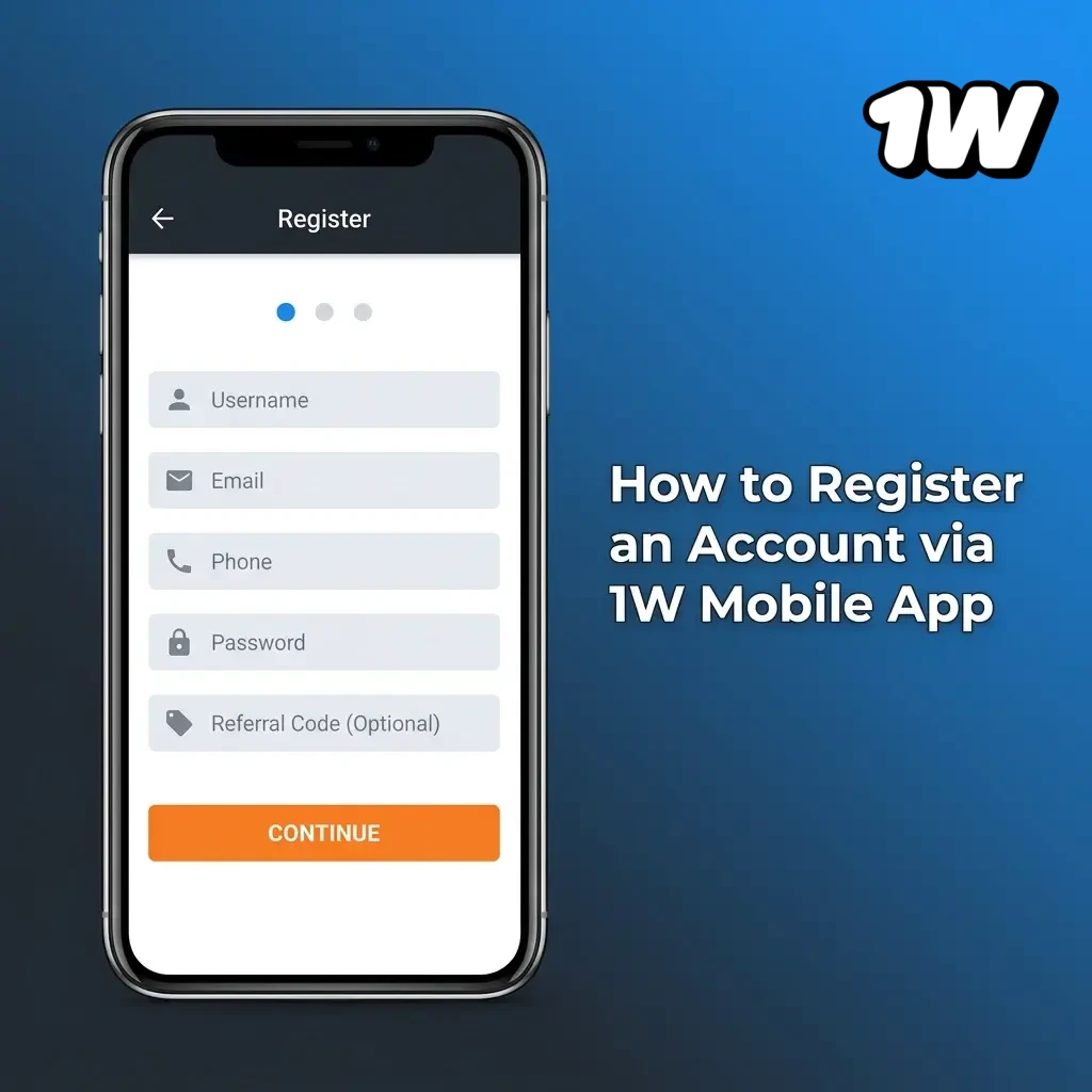 Step-by-step guide to registering a 1W account via mobile app, showing registration form with email and personal details fields