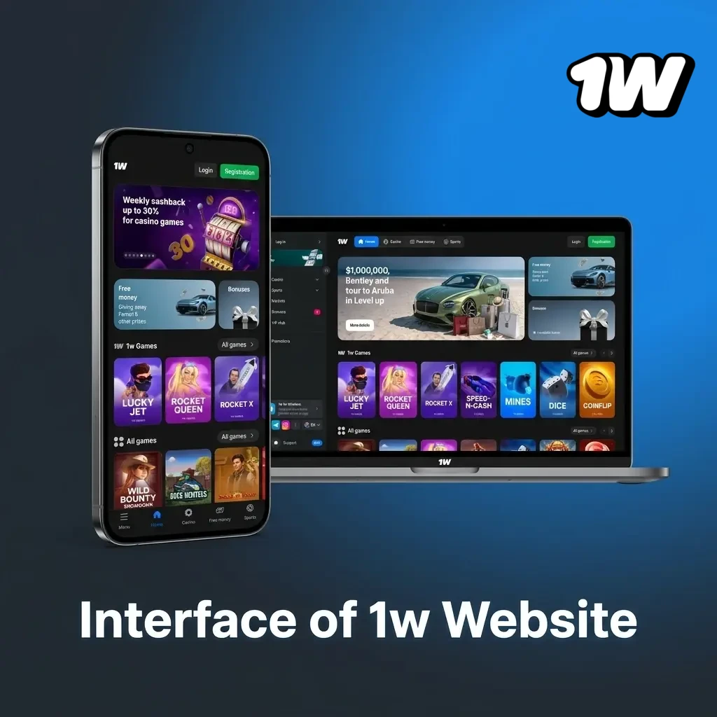 1w website interface showing top navigation with Sports, Live, Casino, Cybersports, Virtual Sports and Promotions links