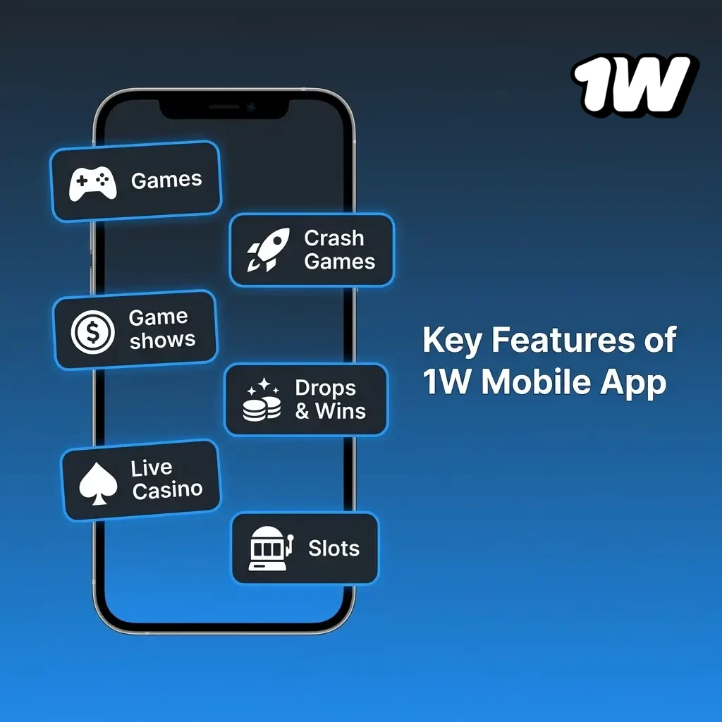 1W mobile app key features for Irish players including sports betting, casino games, EUR payments and 500% welcome bonus