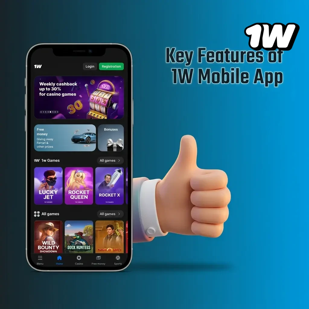 Key features of 1W mobile app including crypto payments, live casino, sports betting, and 500% welcome bonus for Irish players