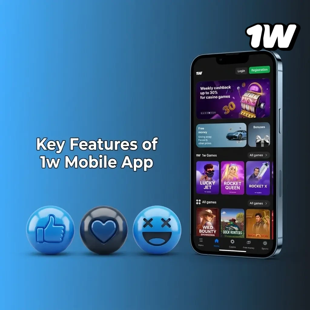 1w PWA mobile app features including welcome bonus, crypto payments, live casino games and full sportsbook for Irish players