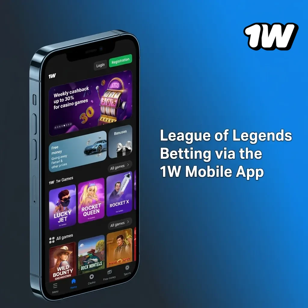 1W mobile app interface showing League of Legends betting markets and esports options for Android and iOS users