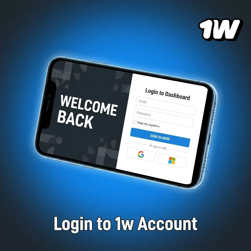 1w account login page showing step-by-step sign-in process for accessing games, bets, and account dashboard