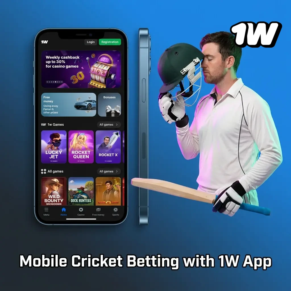 1W mobile app for cricket betting in Ireland shown on Android and iOS devices with live betting interface