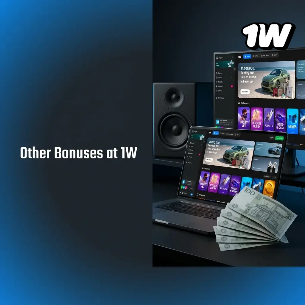 1W Casino bonuses including reload bonus, free bets, cashback offer, and loyalty programme rewards for players