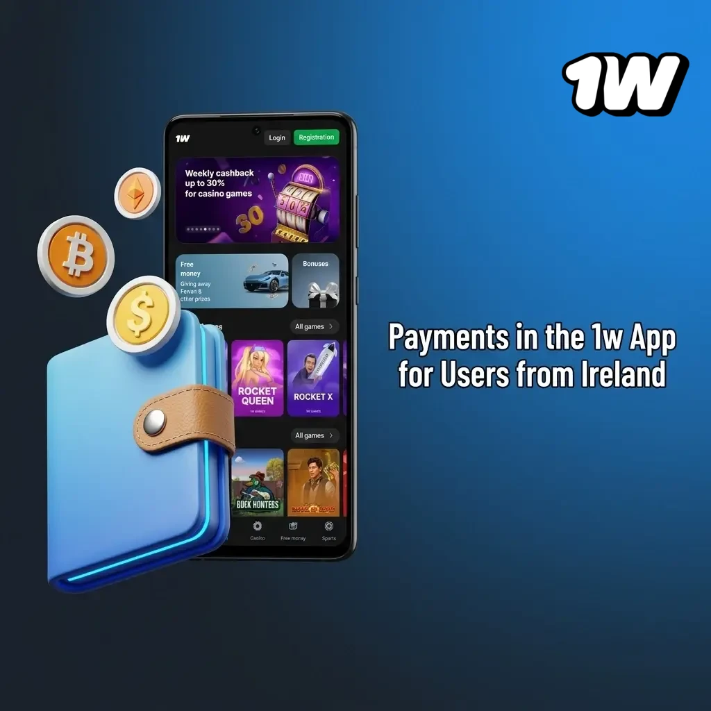 Cryptocurrency payment options in the 1w App for Irish users including BTC, ETH, USDT, and more