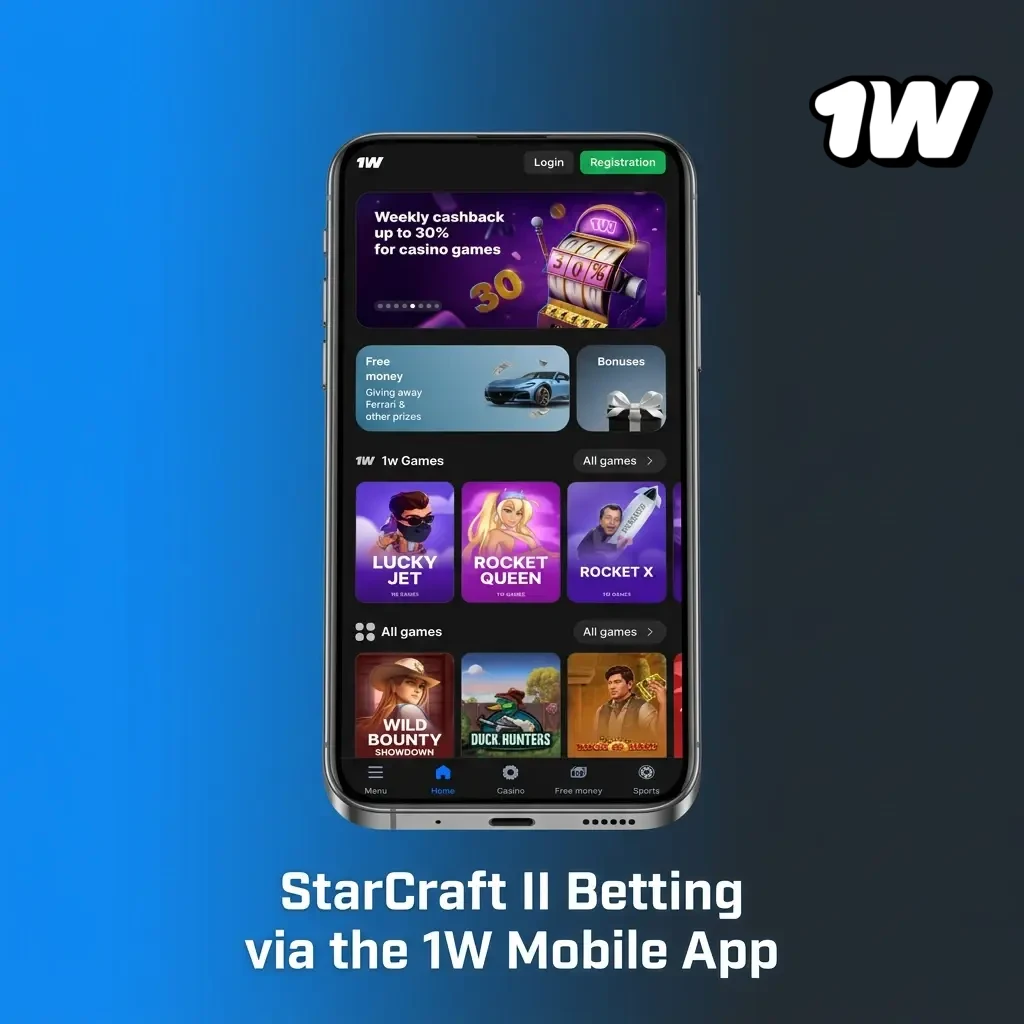 1W mobile app interface showing StarCraft II betting markets with live odds for Irish users on iOS and Android devices