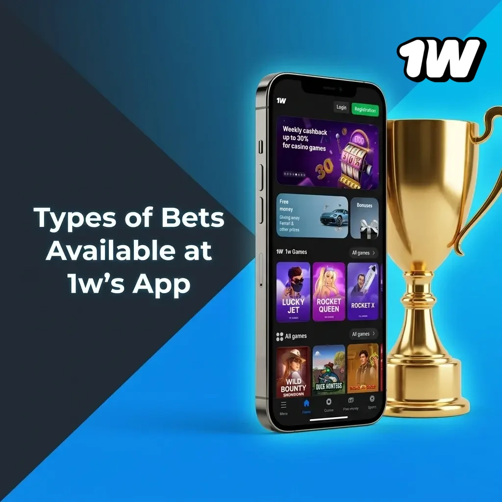 1w sportsbook app showing bet types: single, accumulator, treble, system bet, and live in-play betting options