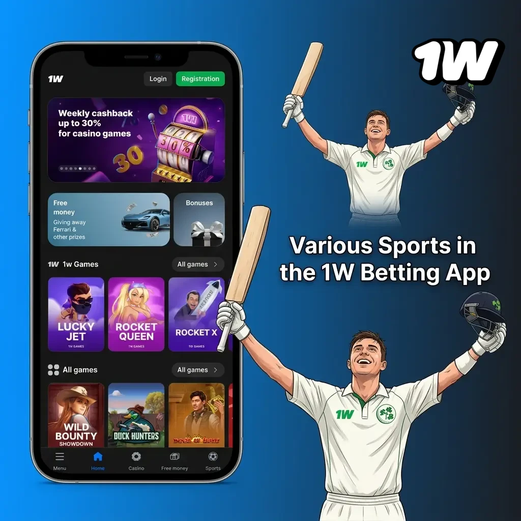 1W betting app sports menu showing football, basketball, tennis, eSports and more for Irish users