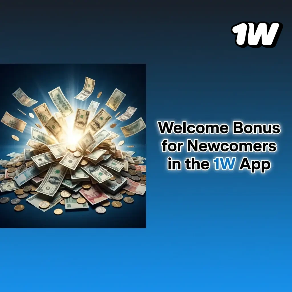 1W app welcome bonus screen showing 200% sports or 500% casino offer with free spins for new users after registration