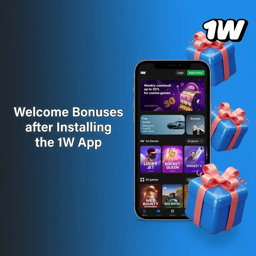 1W app welcome bonuses screen showing up to 500% deposit bonus for casino and sports betting promotions