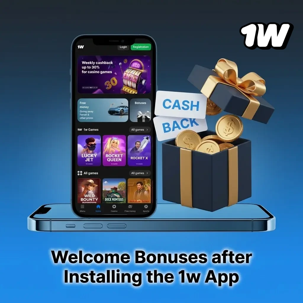 1w app welcome bonuses including 500% casino match, sportsbook bonus, free spins, and promo code offers for new players